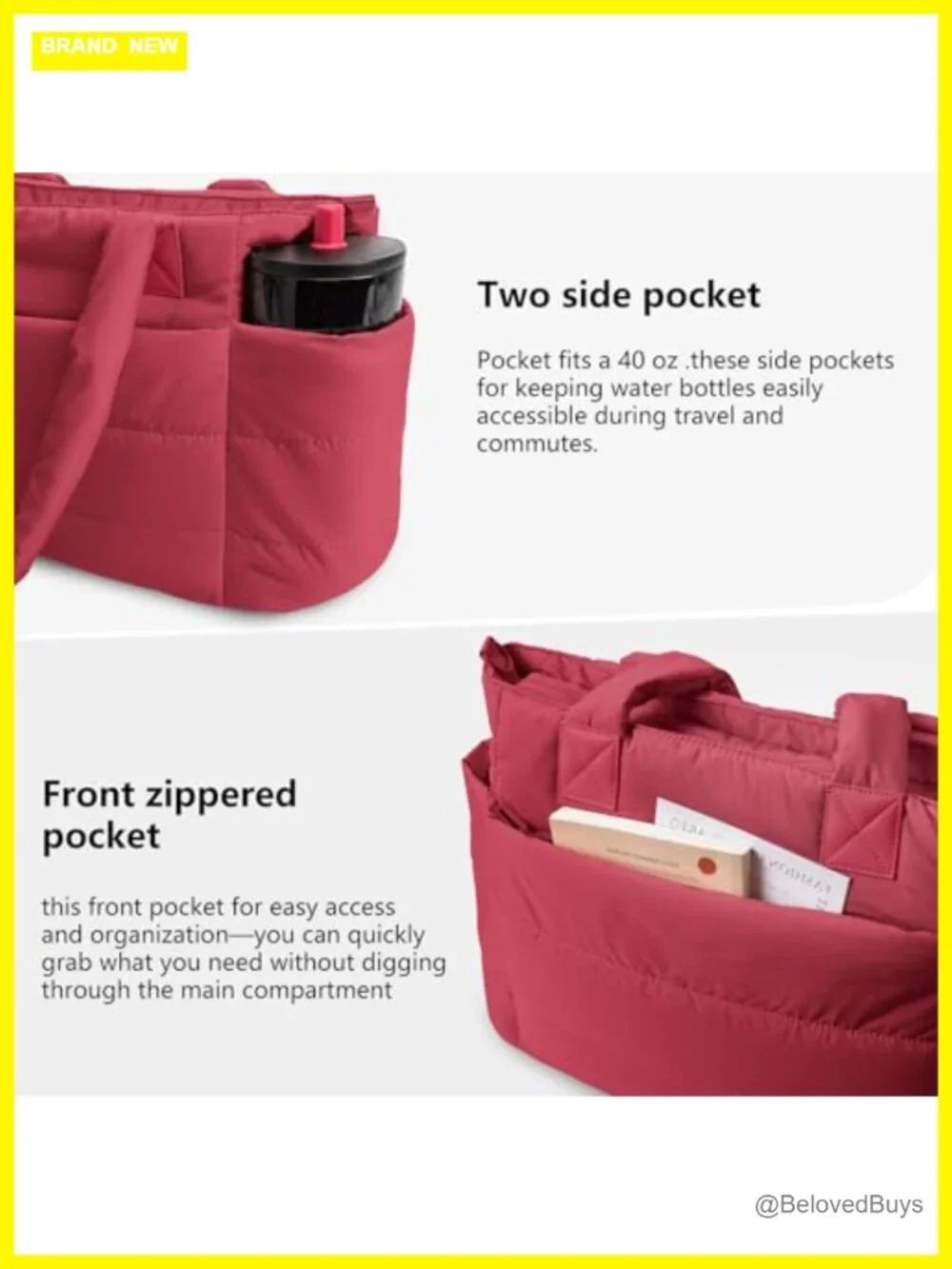 Quilted Puffer Tote Bag with 40oz Tumbler Holder Lightweight Water-Resistant